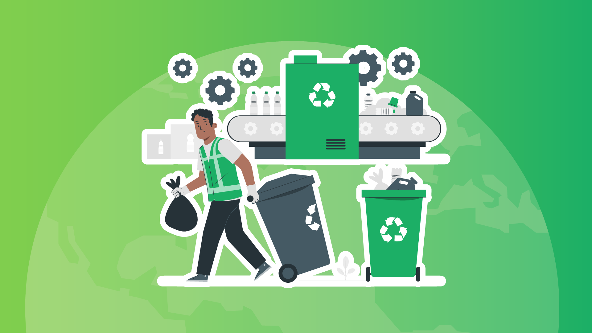 Digital graphic illustration of a Waste Management Specialist moving waste and recyclables.