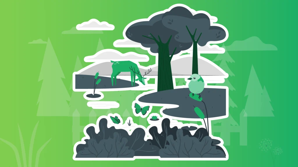 Digital graphic illustration of a wetland that includes a bird, a deer, and a couple butterflies.