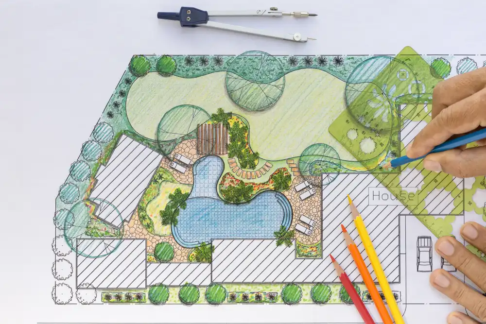 Top down view of a schematic for a designed backyard.