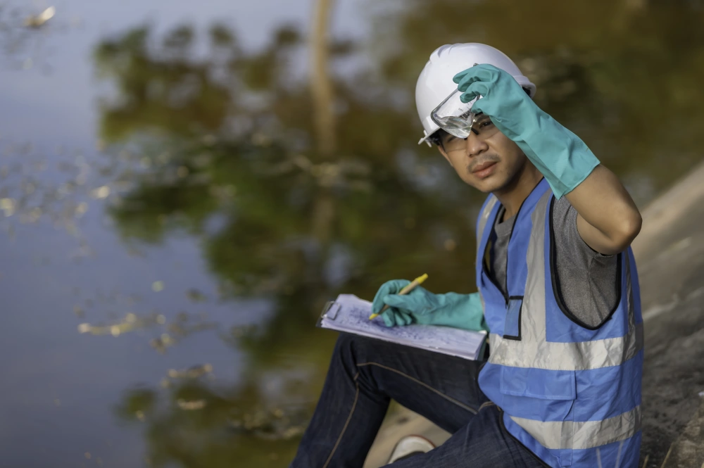 An environmental engineer sits beside a body of water and inspects the water in a beaker.