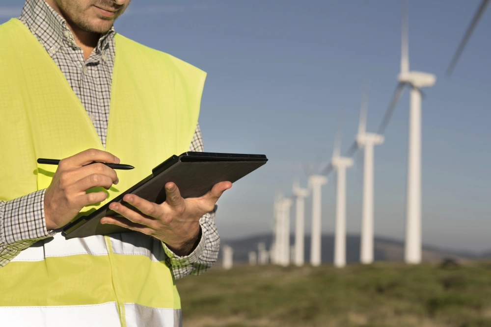 An engineer takes notes in front of a line of wind turbines.
