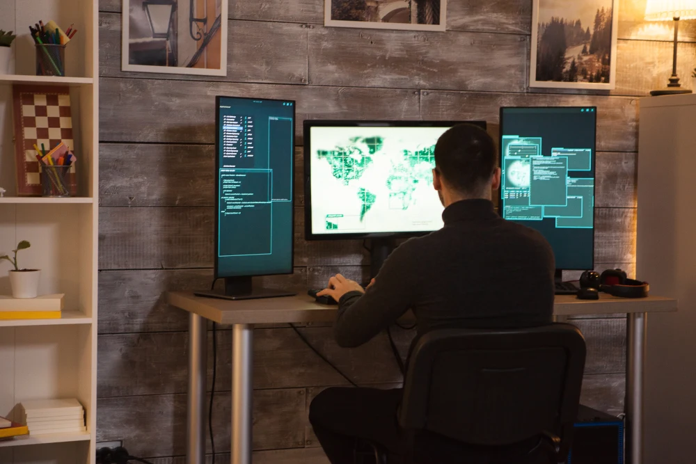 Man sitting at a desk working a multi-monitor computer with maps and data.