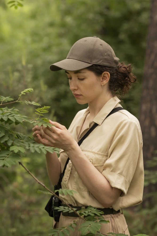 Park ranger inspecting leaves of a tree.