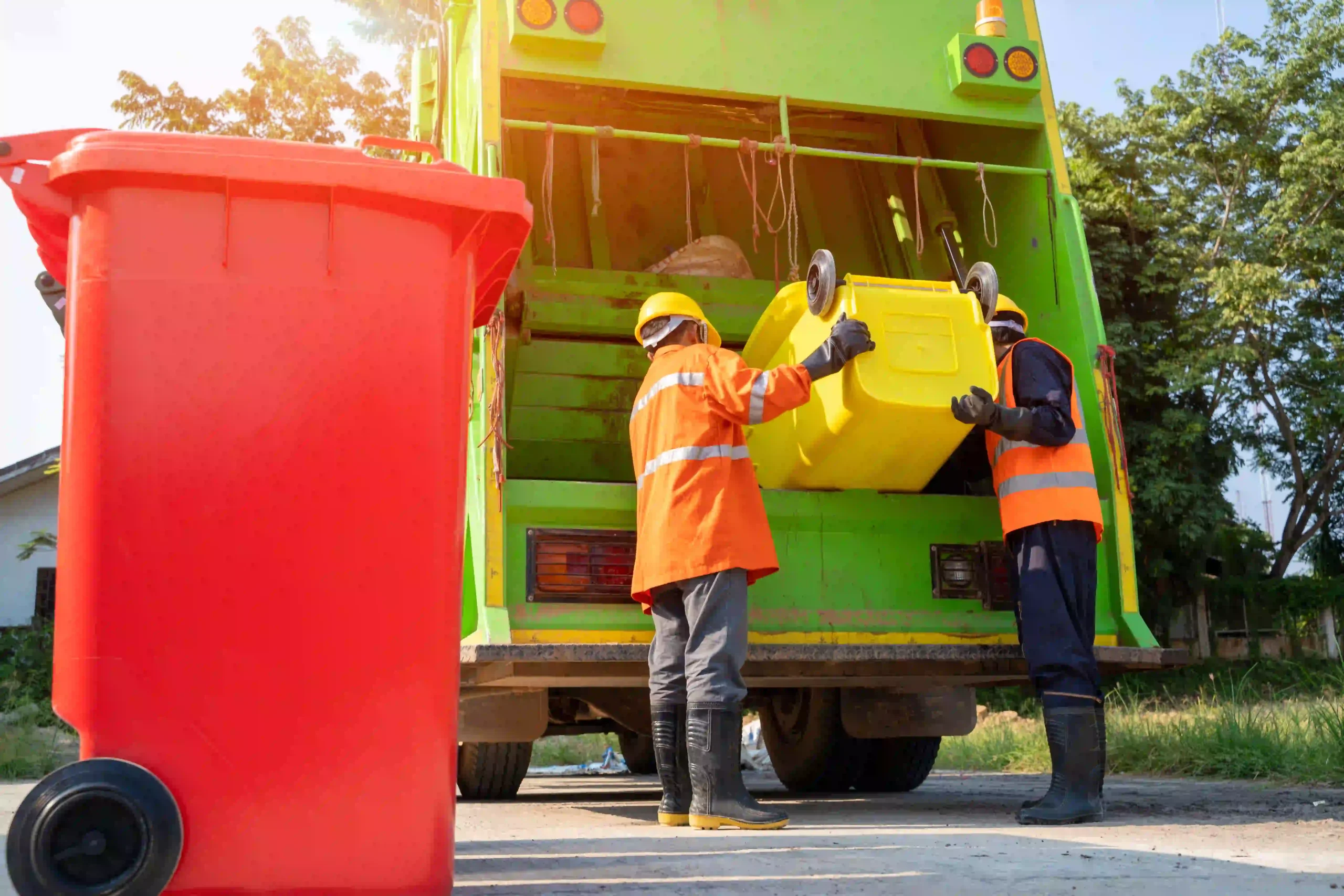 Two waste collection workers tipping a large garbage bin into the back of a garbage truck.