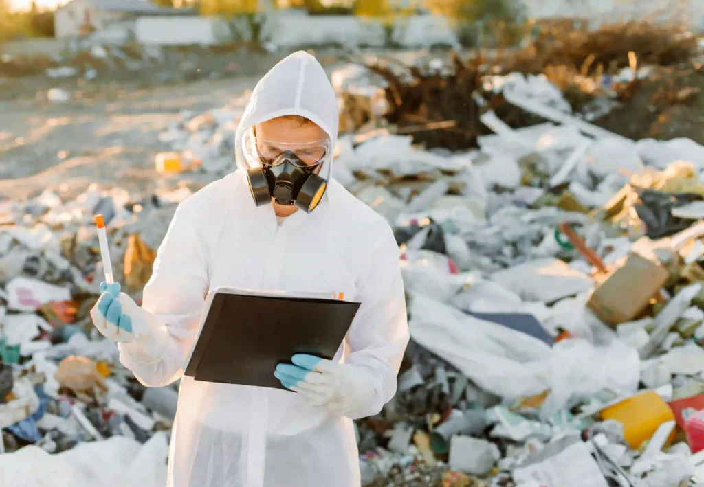 Person looking at paperwork and holding a test vial while standing in a pile of plastic trash.