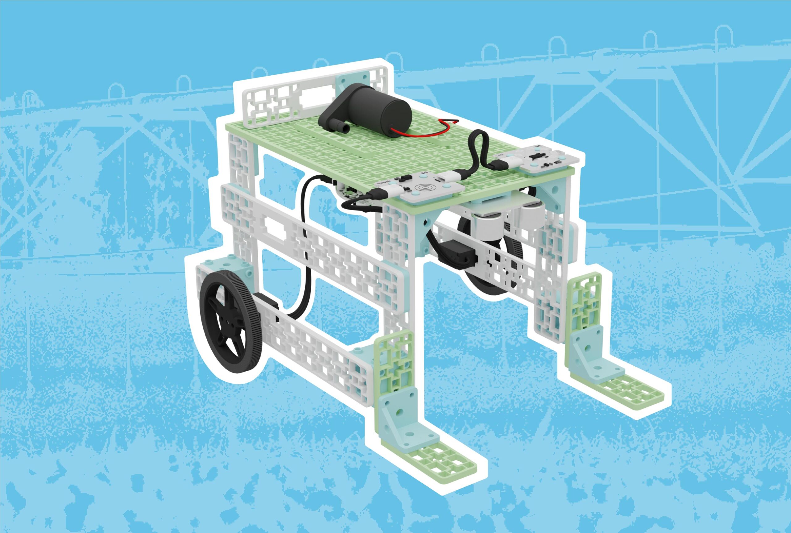 3D render of a mobile irrigation vehicle built with the Climate Action Kit.