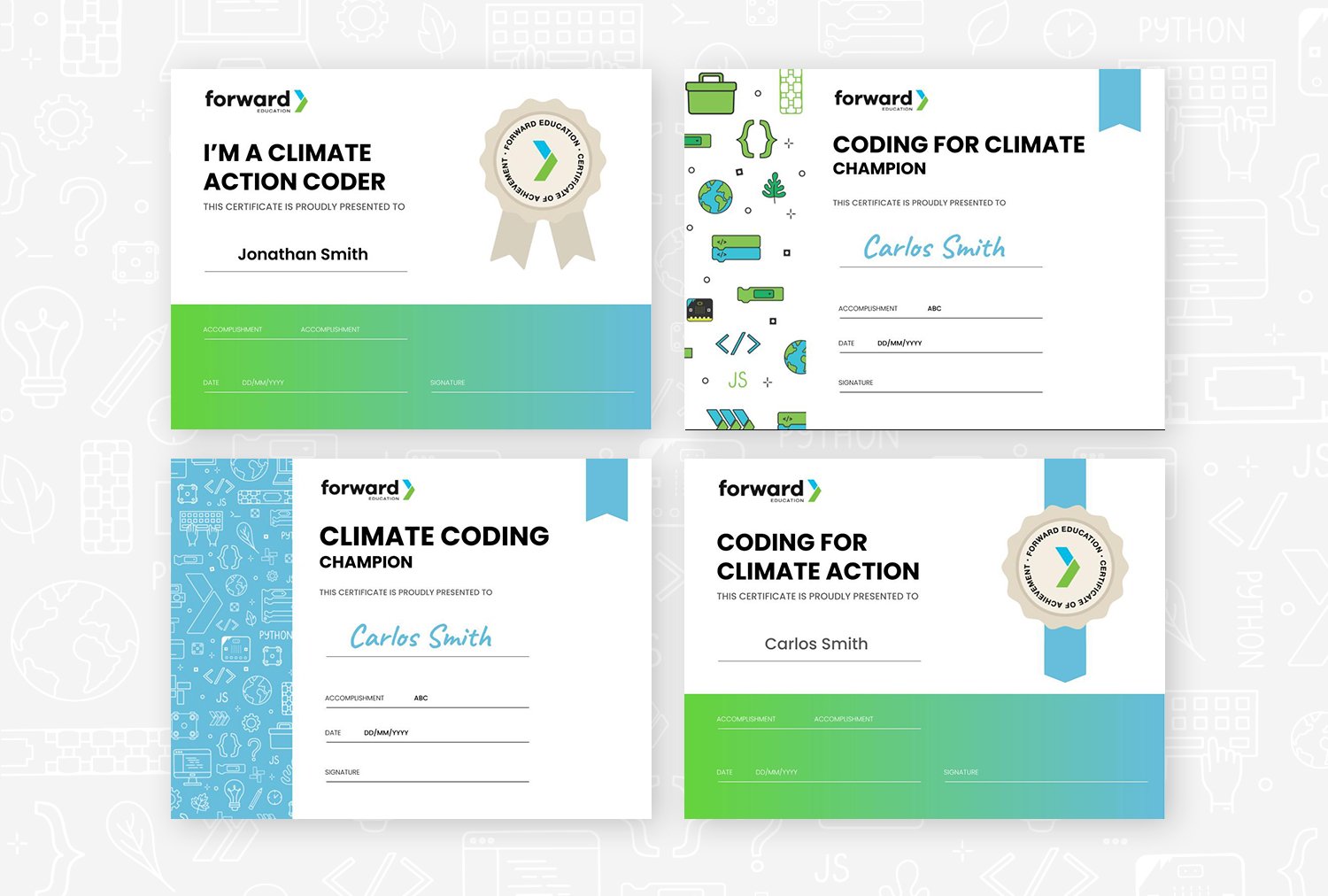 Preview of 4 coding certificates arranged in a 2 by 2 grid.