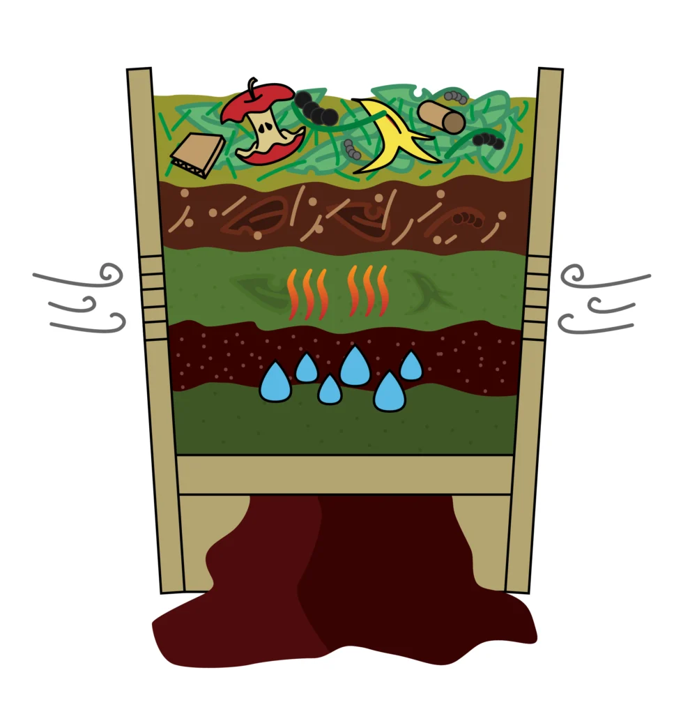 Side view graphic of aerobic composting. Top layer is dried leaves, food scraps, grass clippings and cardboard. Next layer is leaves and dirt starting to break down. Next layer is a different stage of the materials breaking down and releasing heat. Air vents on the side introduce oxygen. There are moisture droplets and heat waves to represent how it is important to monitor and balance these variables. The bottom layer is spilling open with nutrient rich dirt.