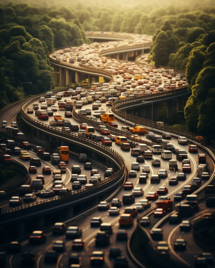 Many cars lined up on a highway in bumper to bumper traffic