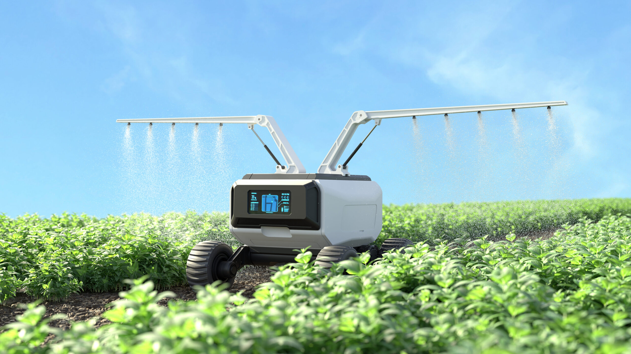 Robot drives through field, watering and spraying pesticide with precision.