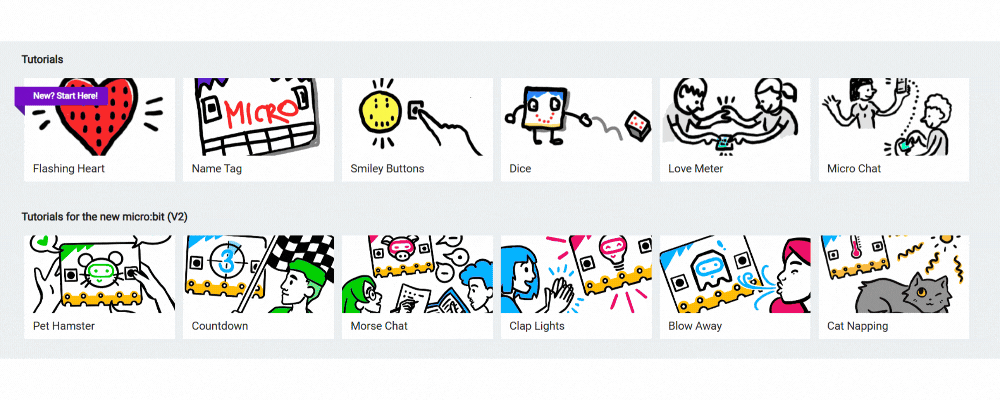 A GIF showing the MakeCode editor tutorial library interface. It highlights two rows of colorful tutorial options for micro:bit projects. The first row features tutorials like 'Flashing Heart,' 'Name Tag,' 'Smiley Buttons,' 'Dice,' 'Love Meter,' and 'Micro Chat.' The second row showcases tutorials for the new micro:bit (V2), including 'Pet Hamster,' 'Countdown,' 'Morse Chat,' 'Clap Lights,' 'Blow Away,' and 'Cat Napping.' The interface demonstrates how users can click on a tutorial to start coding.