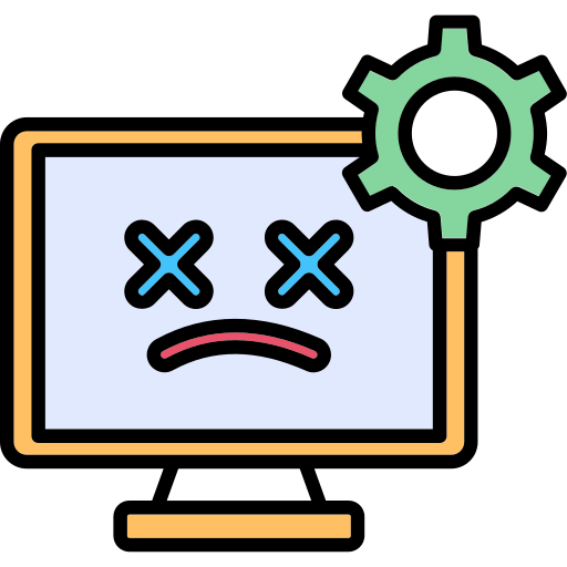 A computer screen displaying a sad face with "X" eyes, indicating a system failure or error. A gear symbol appears next to the screen, suggesting technical issues.