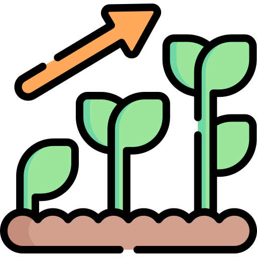 Green plant shoots growing from soil with an orange arrow pointing upward, symbolizing plant growth or increasing crop yield.