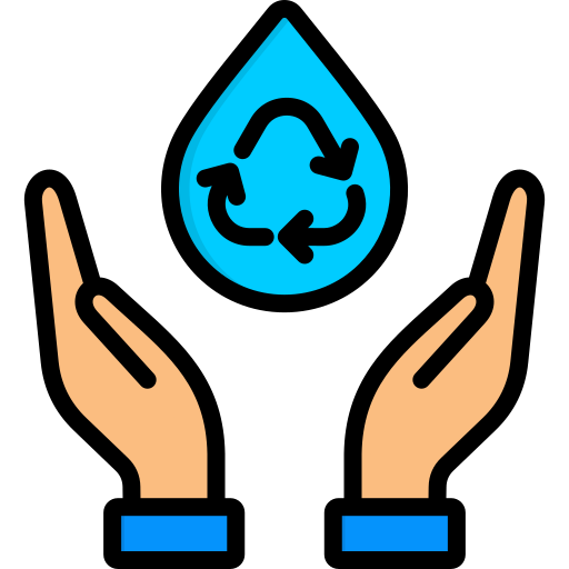 Two hands holding a blue water droplet with a recycling symbol inside, representing water conservation or recycling water.