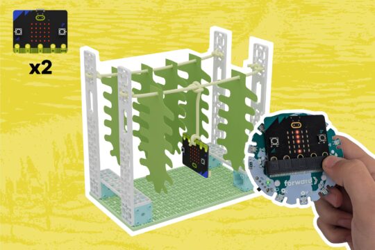 3D render of the Seaweed Farming project with an additional micro:bit in a Climate Action Breakout Board being held in front and to the right of the project.