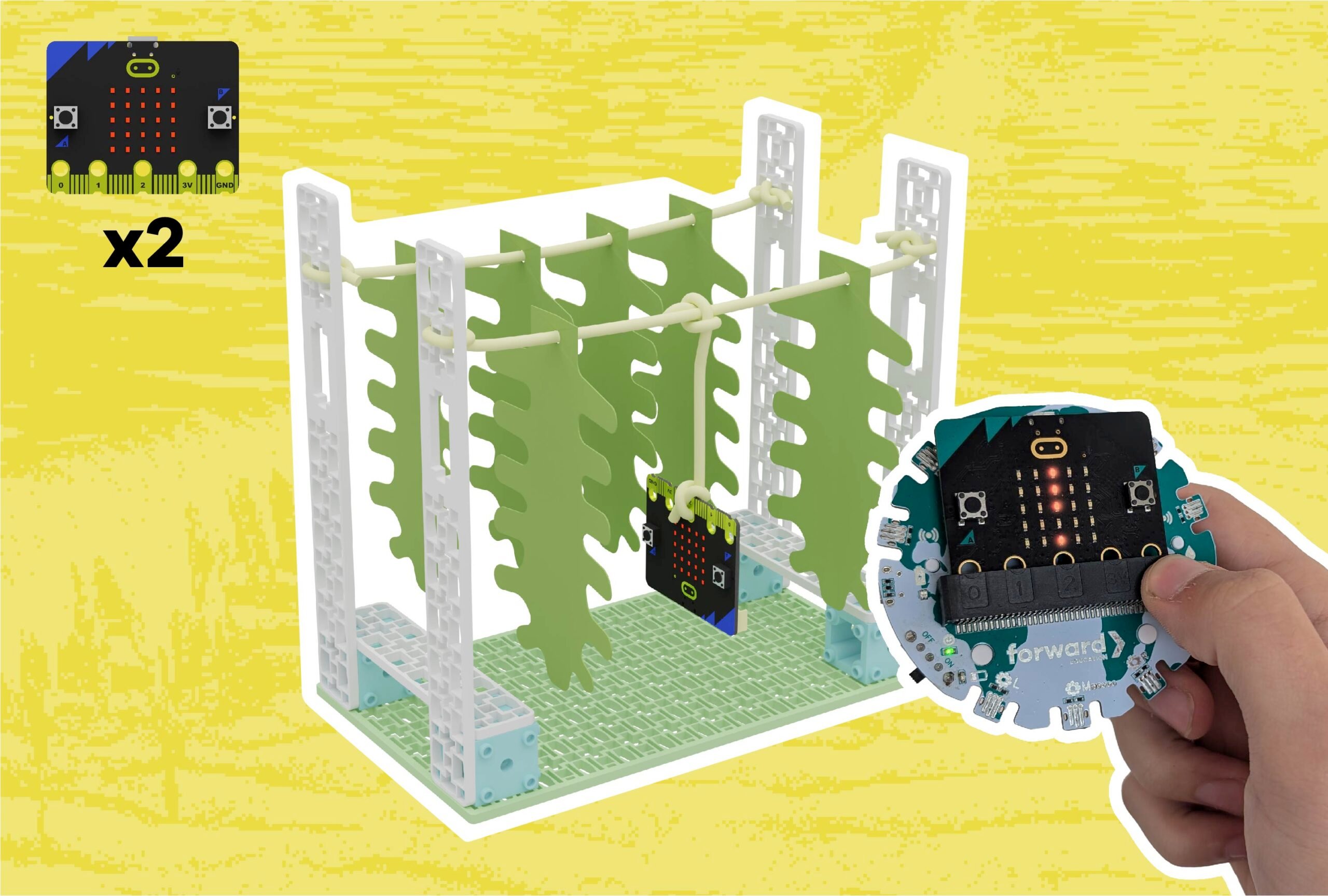 3D render of the Seaweed Farming project with an additional micro:bit in a Climate Action Breakout Board being held in front and to the right of the project.