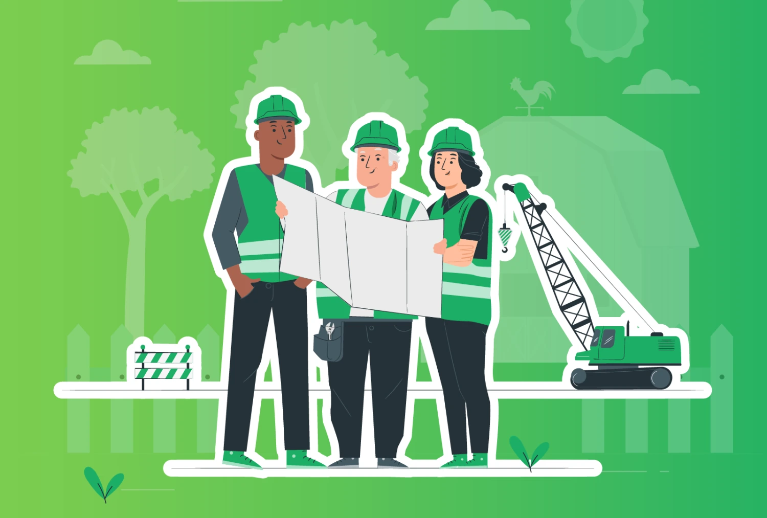 Digital graphic illustration of three construction workers looking over a blueprint