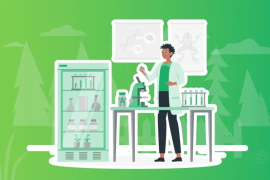 Digital graphic illustration of a scientist working with a number of vials and a miroscope. There are diagrams of a frog and DNA. On the side there is a large lab fridge with a glass door showing various generic jars, plants, vials and beakers.