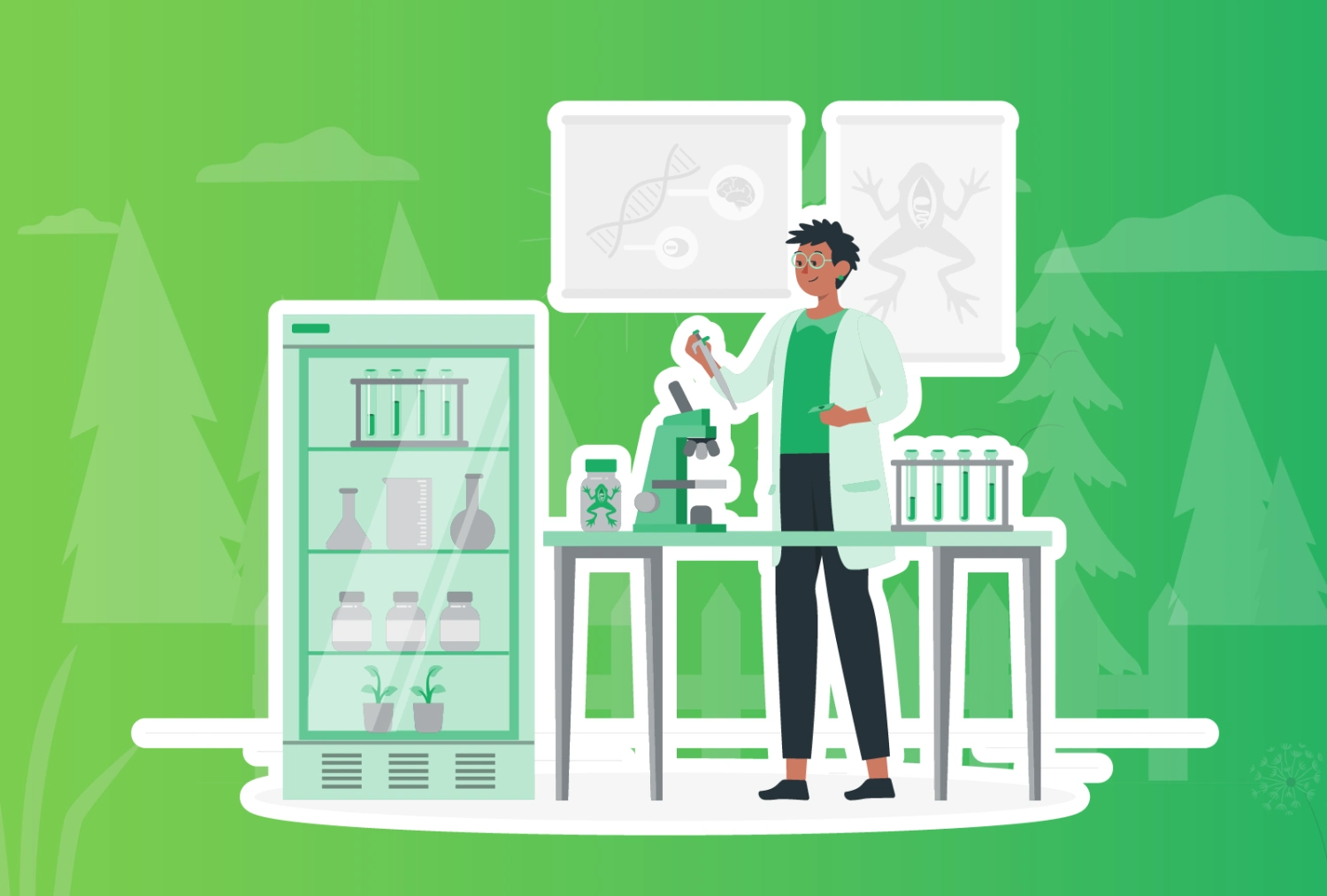 Digital graphic illustration of a scientist working with a number of vials and a miroscope. There are diagrams of a frog and DNA. On the side there is a large lab fridge with a glass door showing various generic jars, plants, vials and beakers.