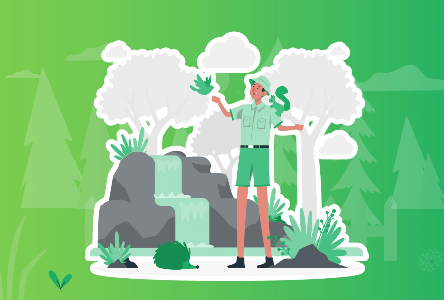 Digital graphic illustration of a Park Ranger interacting with a squirrel, a bird, and a hedgehog in front of a forest and two tier waterfall.