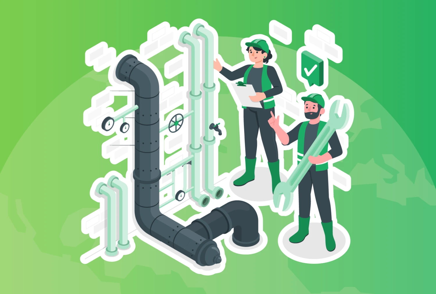 Isometric digital illustration of two workers managing a number of pipes