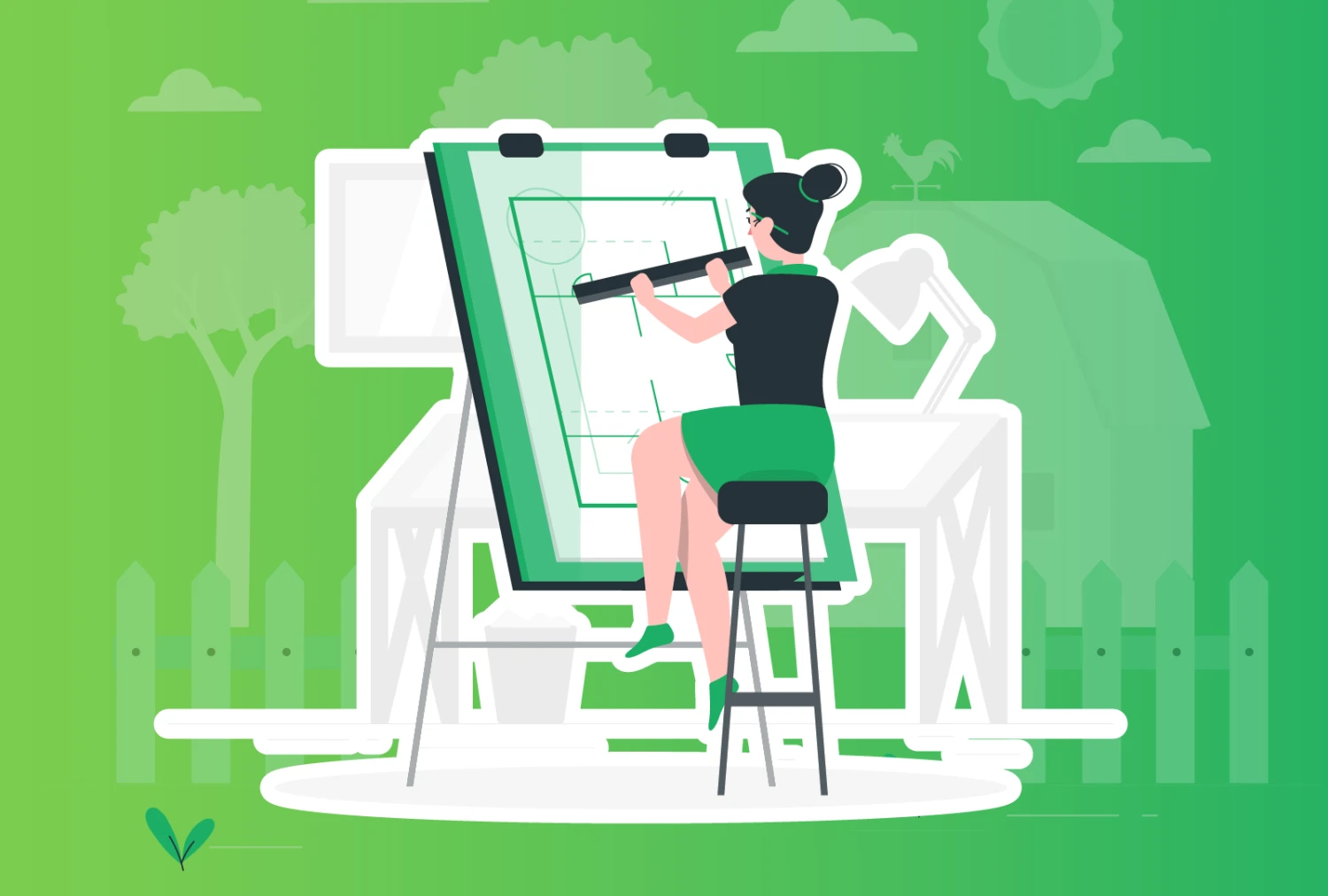 Graphic of a woman working on a design on a drafting table she's sitting in front of.