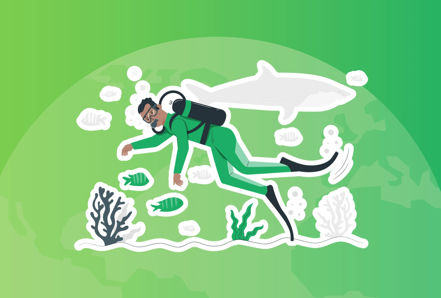 Digital graphic illustration of a marine biologist in scuba gear swimming with a number of fishes and sea plantlife.