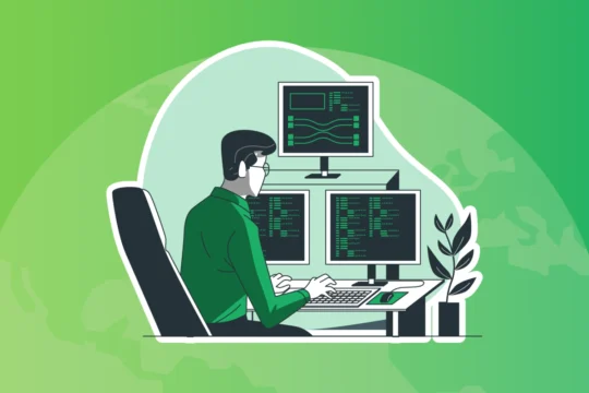 Digital graphic illustration of a person sitting in front of 3 computer monitors looking at generic code and data.