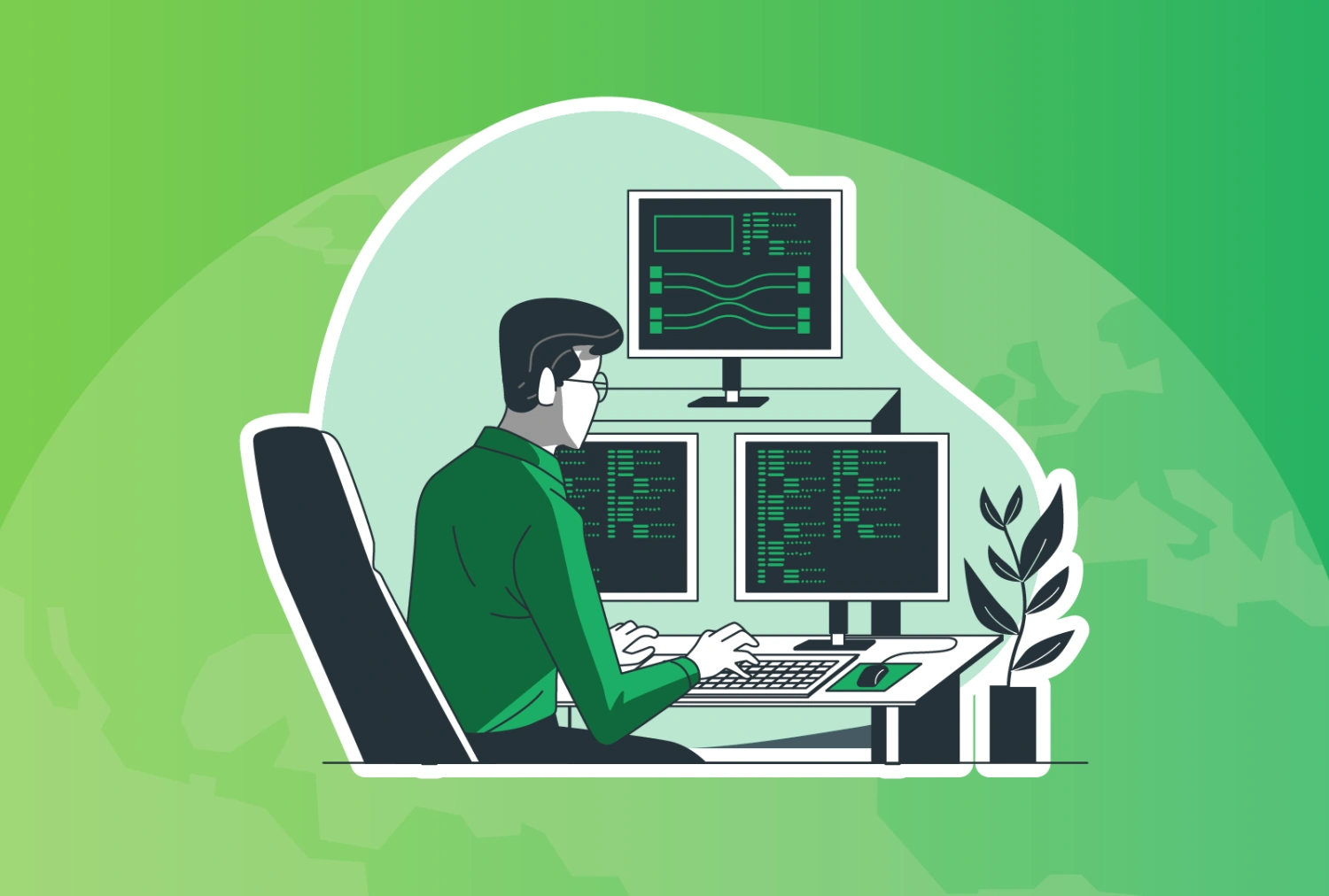 Digital graphic illustration of a person sitting in front of 3 computer monitors looking at generic code and data.