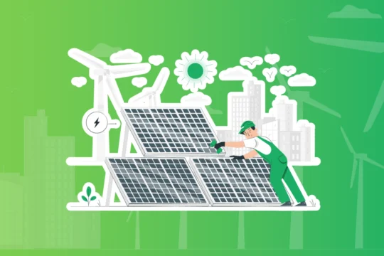 Digital graphic illustration of a solar technician working on a solar panel in front of a couple wind turbines and a cityscape.