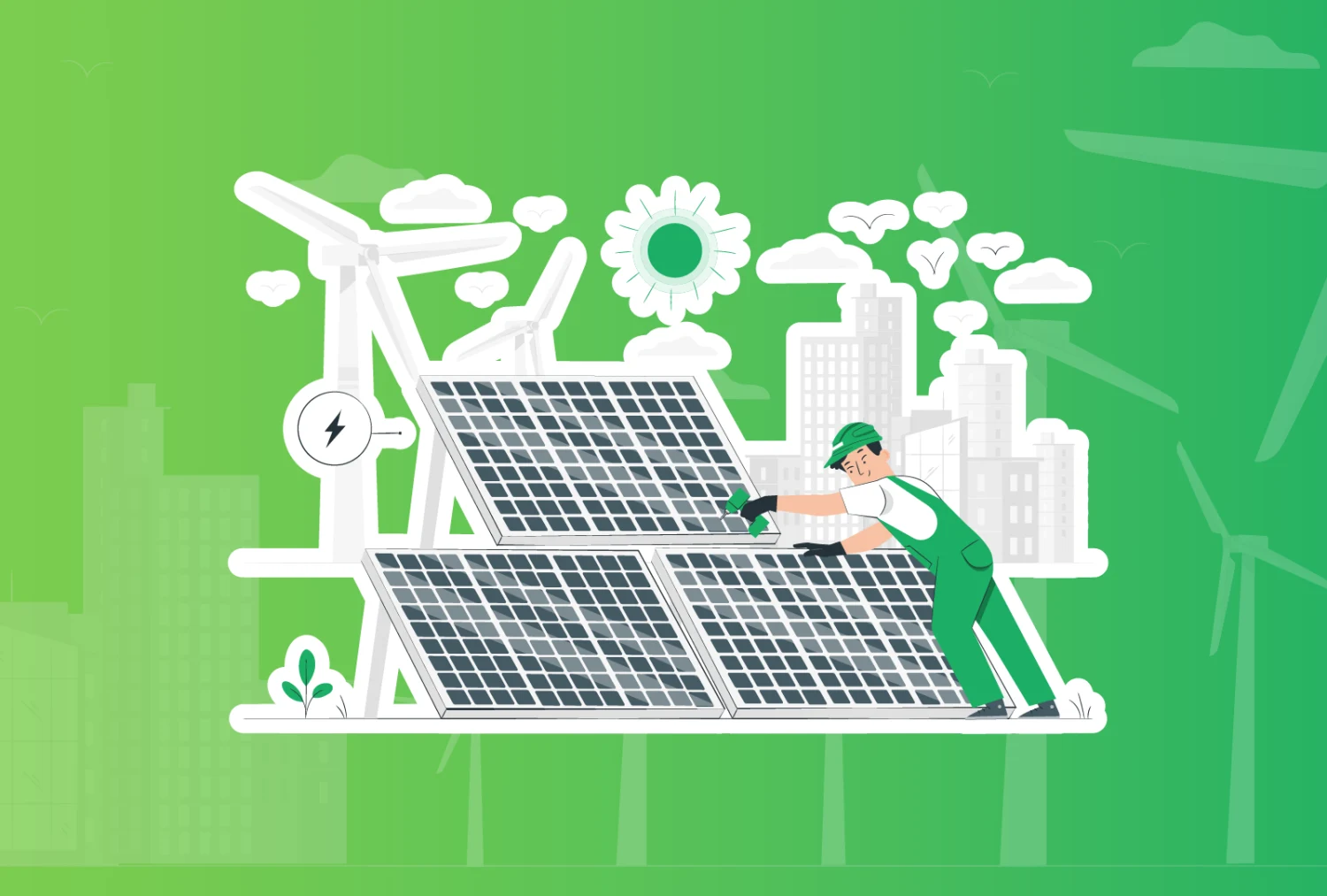 Digital graphic illustration of a solar technician working on a solar panel in front of a couple wind turbines and a cityscape.