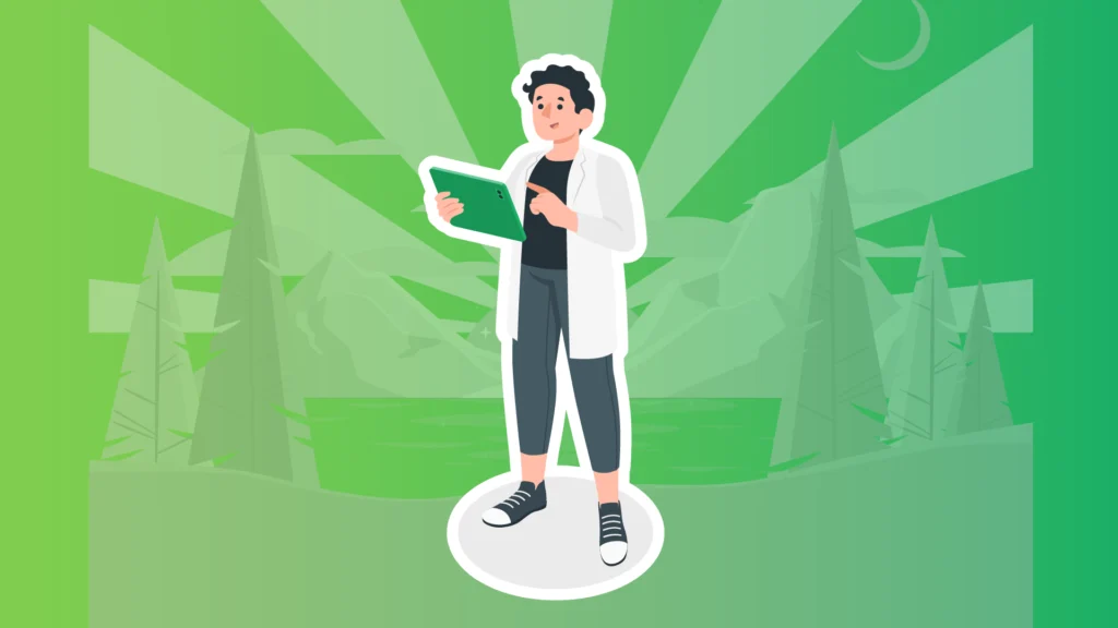 A graphic of a person in a lab coat looking at a tablet in front of a body of water.