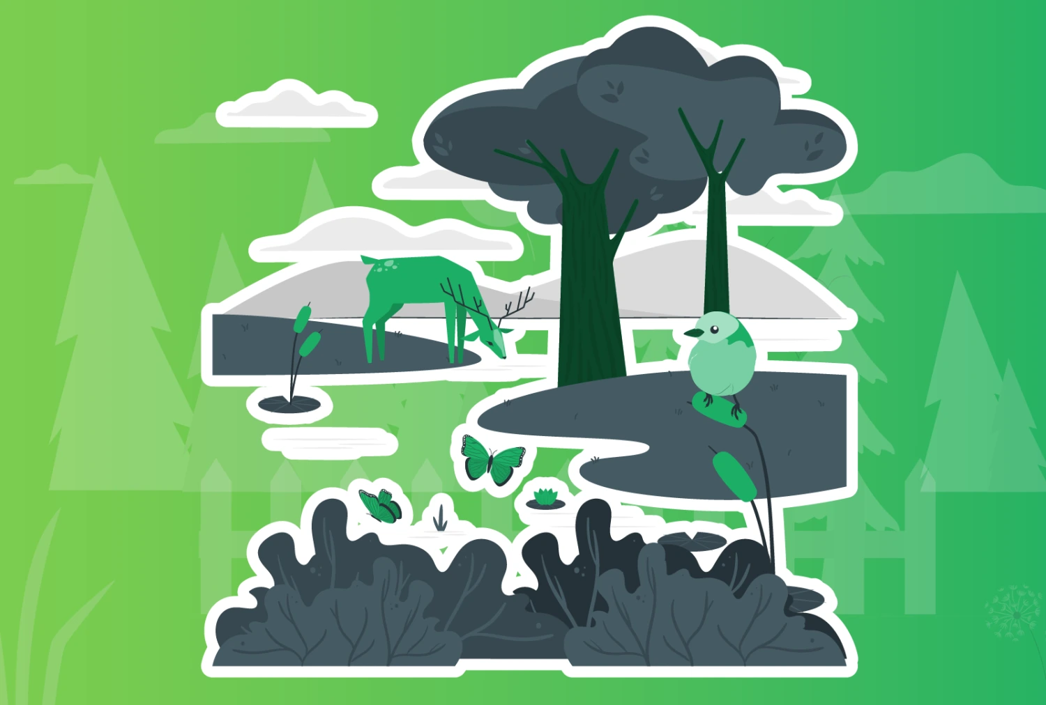 Digital graphic illustration of a wetland that includes a bird, a deer, and a couple butterflies.