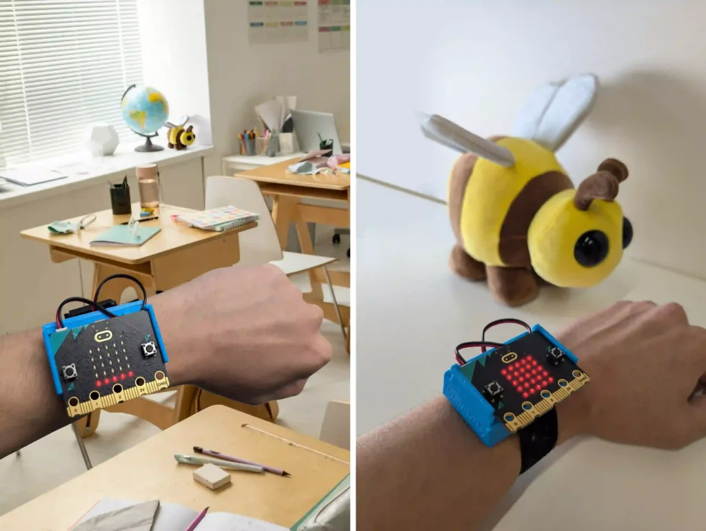 Image split in two, one half a classroom with a bee plush across the room and a micro:bit held up close to the camera displaying 1 line of lit LEDs. The other half of the image is a close up of the bee plush and the micro:bit displaying 5 lines of lit LEDs.