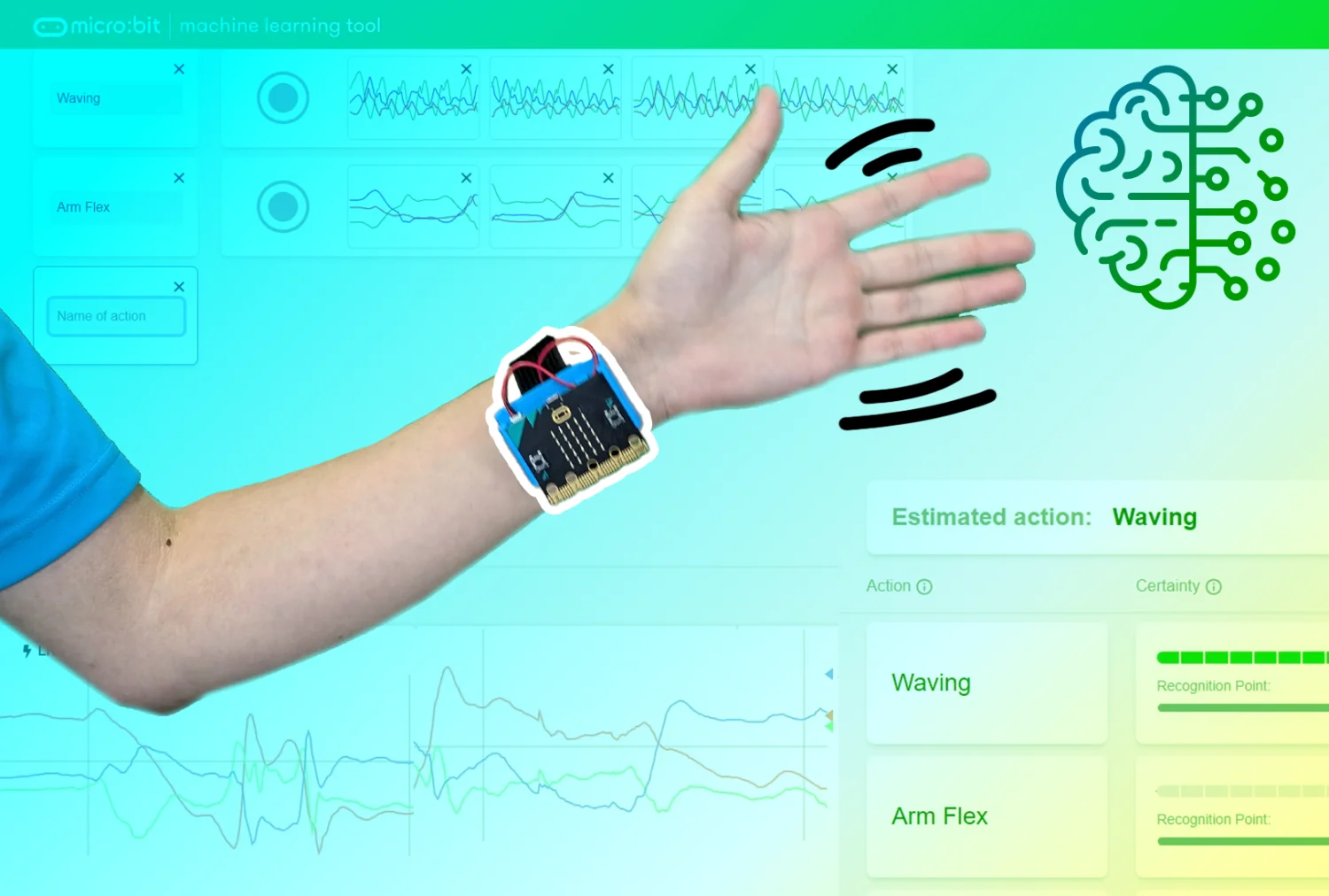 A hand with a CHARGE power pack attached to the wrist is waving in front of a screenshot of the micro:bit machine learning interface. A blue to green gradient is overlaid behind the micro:bit which has a white boarder around it.