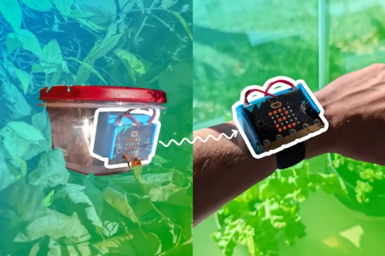 An image split in two, the right half is of a micro:bit and CHARGE power pack in a plastic container sitting in a pile of autumn leaves. The right half is of a micro:bit and CHARGE attached to an arm in front of a window. There is a white wavy line pointing between the outside container micro:bit and the inside attached micro:bit. A 2 is displayed on both micro:bit LEDs. A blue to green gradient is overlaid across the image behind the container and arm and the micro:bits which have a white boarder around them.