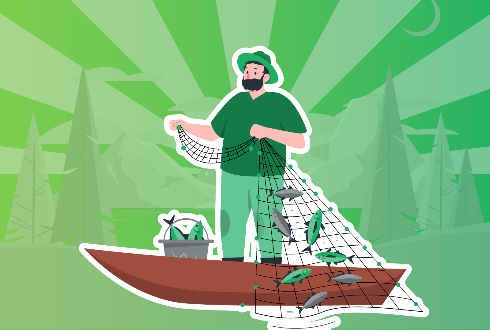 A graphic of a person in a small boat pulling up a net full of fish.