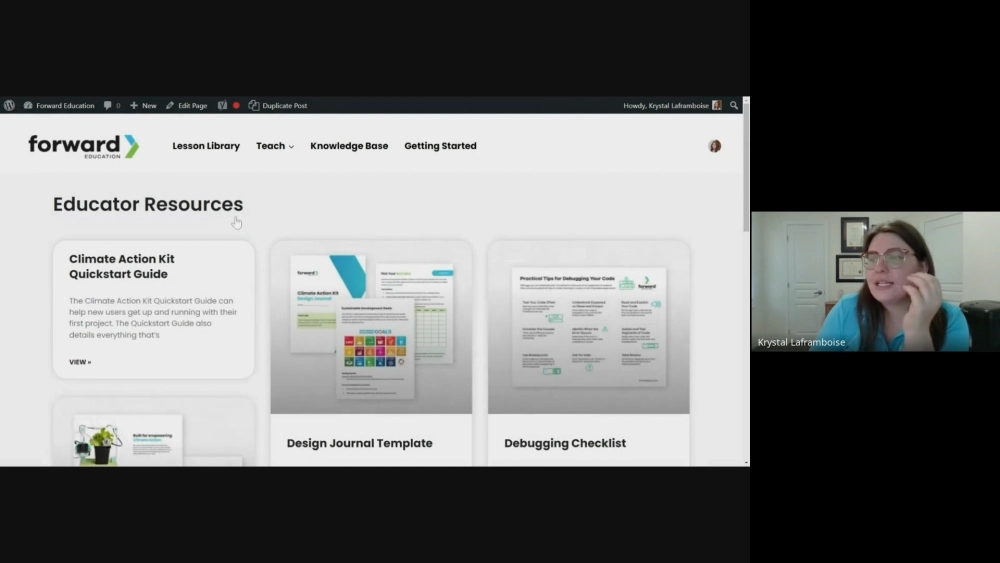 Screenshot of a video tutorial within the course. In the screenshot, our facilitator is demonstrating how to navigate the Educator Resources Library.