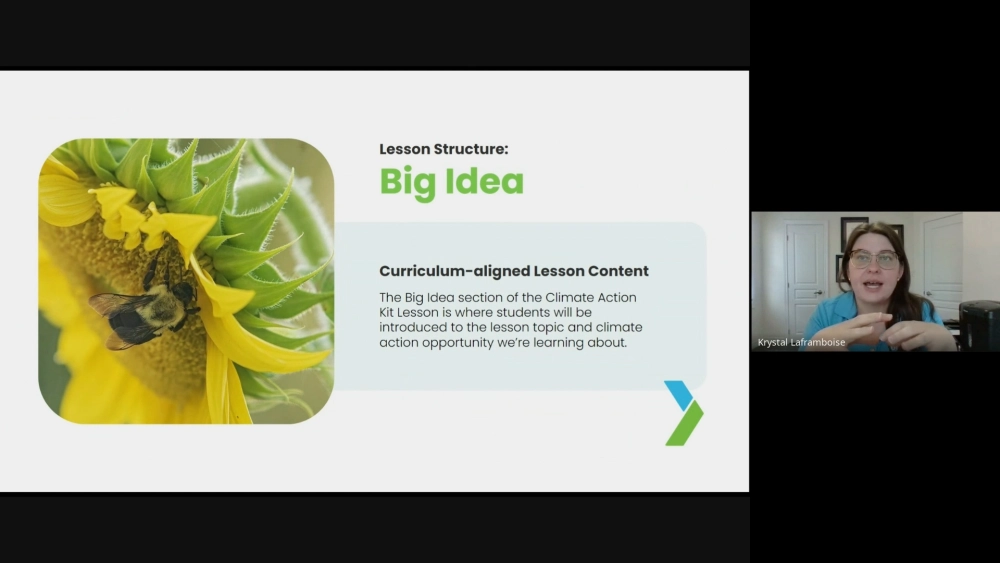 Screenshot of a video tutorial within the course. In the screenshot, our facilitator is explaining the 'Big Idea' section of our lessons with an accompanying slide that depicts pollination.