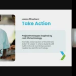 Screenshot of a video tutorial within the course. In the screenshot, our facilitator is explaining the 'Take Action' section of our lessons with an accompanying slide that shows the bee counter project in action.