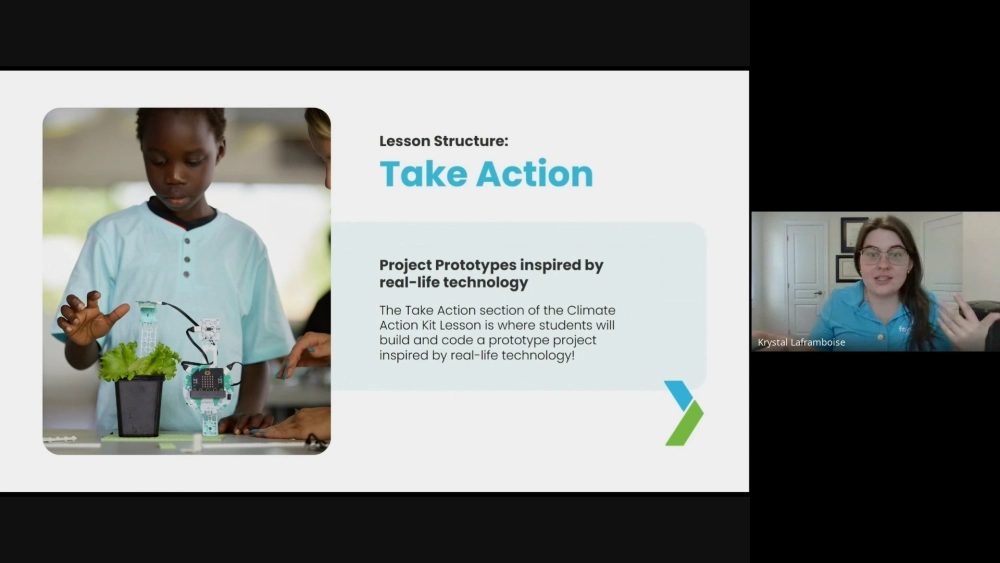 Screenshot of a video tutorial within the course. In the screenshot, our facilitator is explaining the 'Take Action' section of our lessons with an accompanying slide that shows the bee counter project in action.