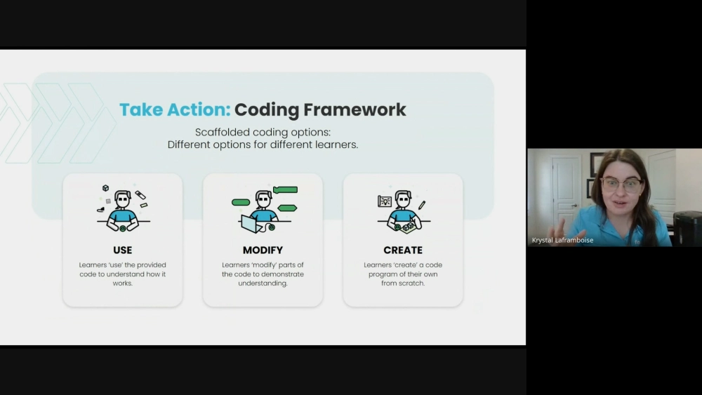 Screenshot of a video tutorial within the course. In the screenshot, our facilitator is explaining the Use, Modify, Create scaffolding framework with an accompanying slide.
