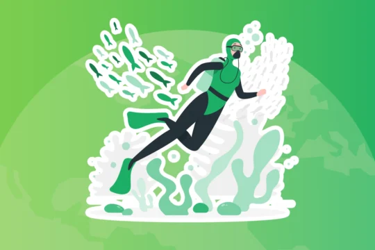Digital graphic illustration of a diver in scuba gear swimming with a number of fishes and sea plantlife.