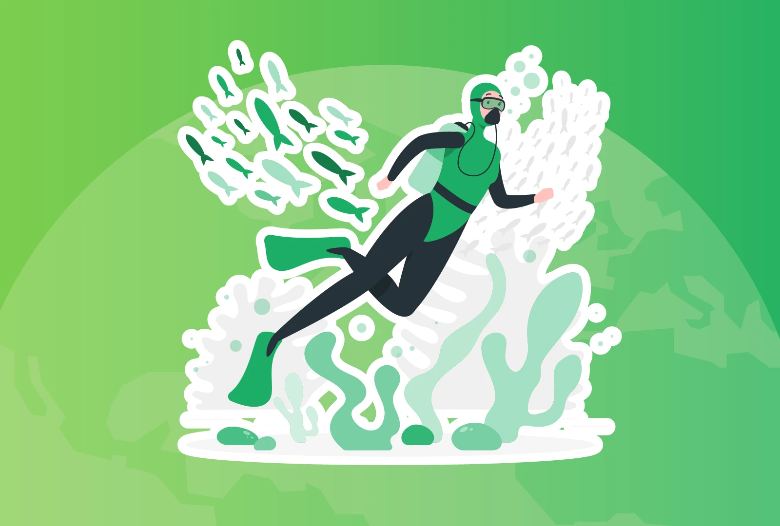 Digital graphic illustration of a diver in scuba gear swimming with a number of fishes and sea plantlife.