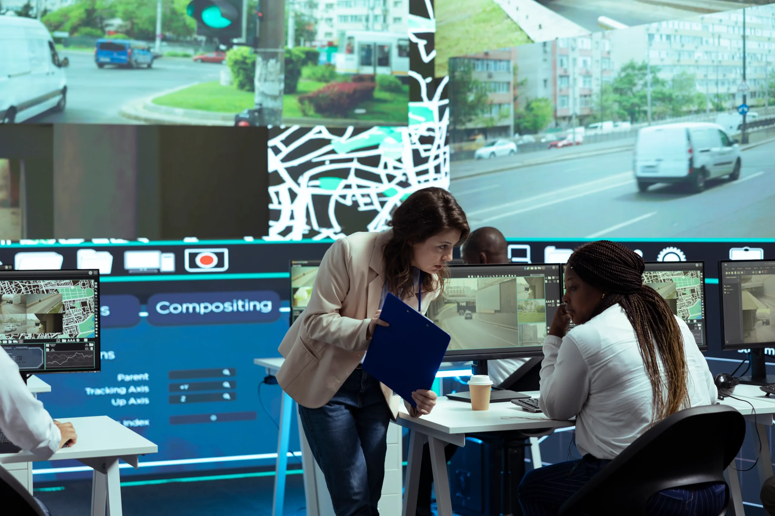A computer screen displaying 3D modeling software with the words "Compositing", "Tracking Axis", "Up Axis", and "Parent" visible. The software interface includes various graphical elements and numerical values.
