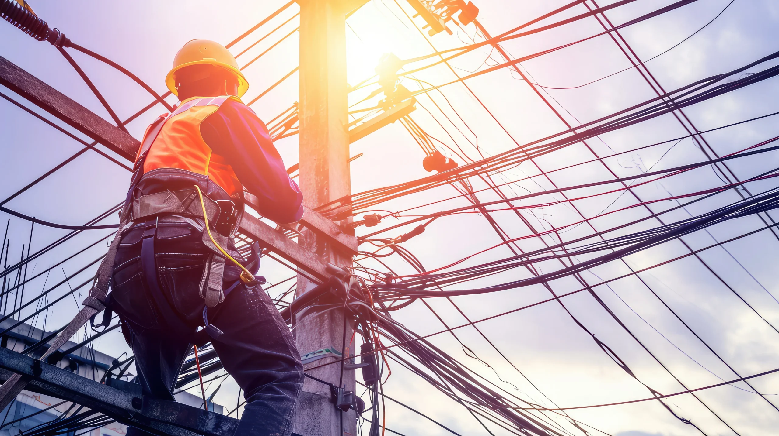 A man climbing an electrical pole outdoors