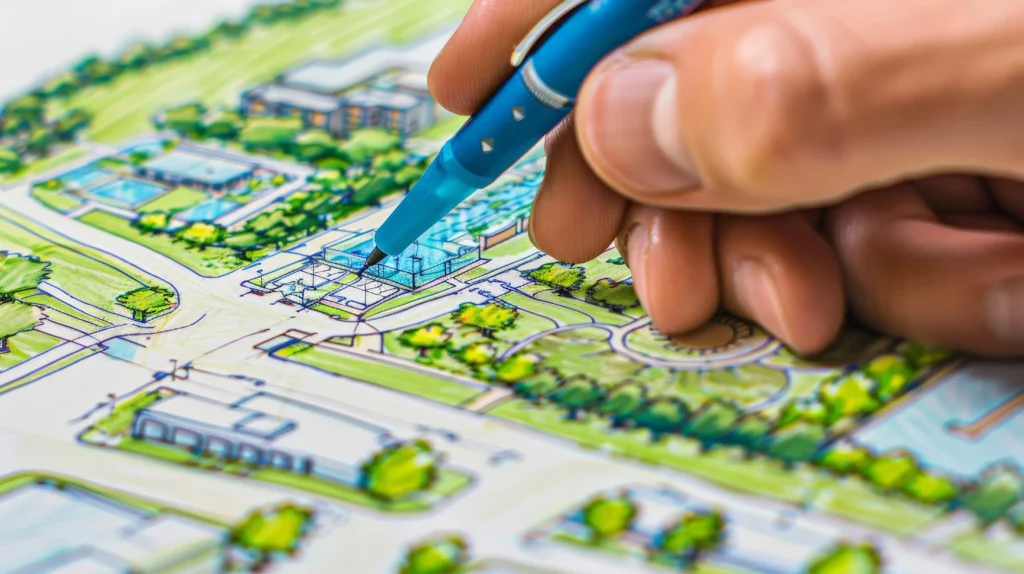A close-up shot of a hand holding a blue pen, drawing on a detailed architectural or landscape plan with buildings, roads, and green spaces depicted in color.
