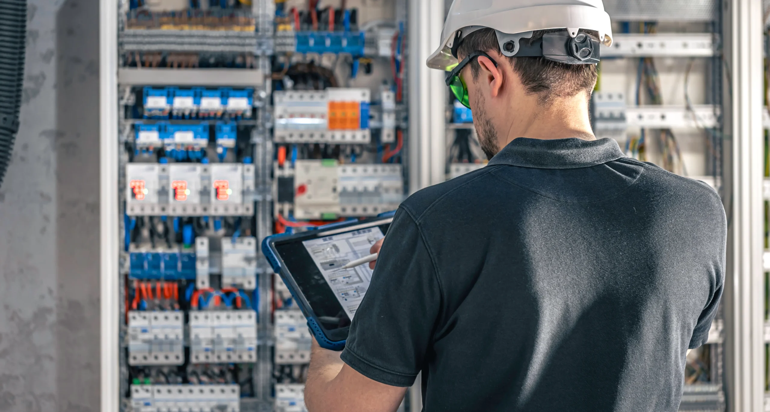 A close-up photograph of an electrical panel or distribution board with numerous wires, terminals, and components visible. The panel includes various colored wires, terminal blocks, and electrical components. The image suggests electrical engineering or installation work.