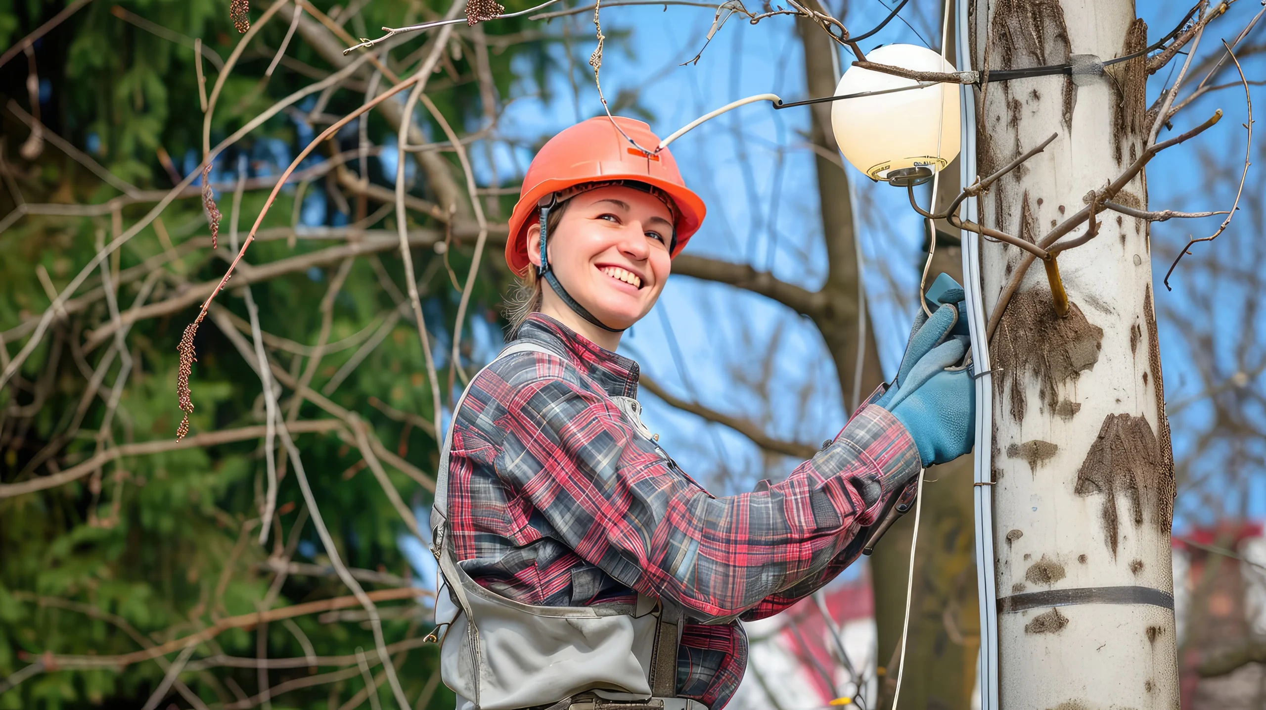 A person wearing a hardhat standing outside updating a lamp post