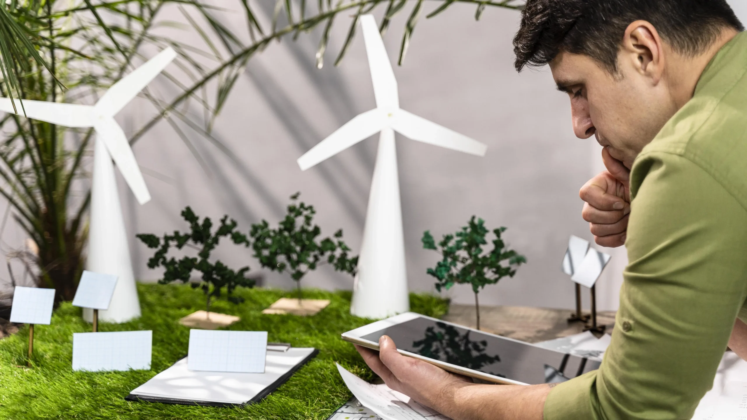 A man standing in front of a model of a park containing wind turbines